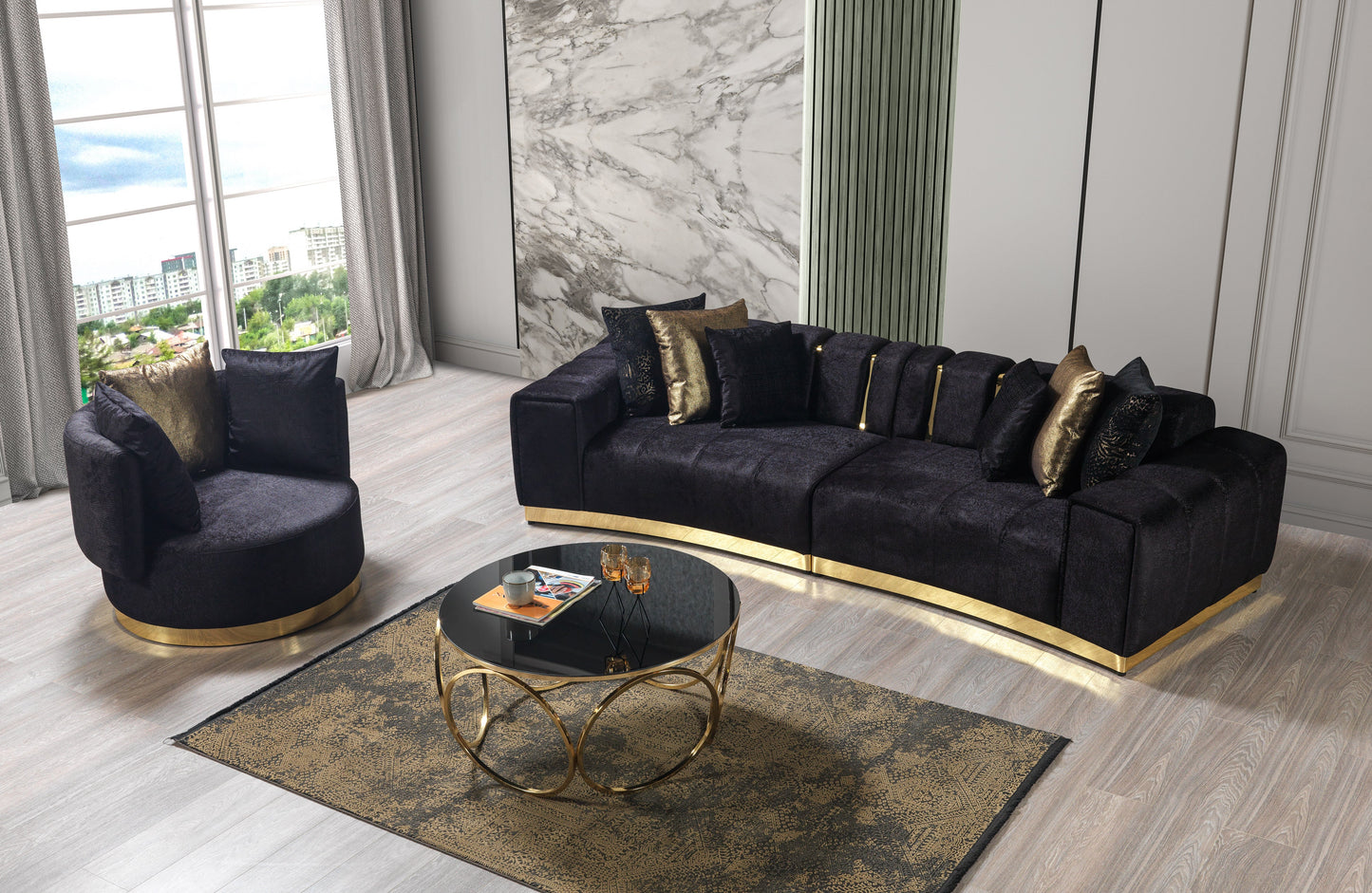Michelle Black Velvet Curved 118" Sectional [ETA: 12/15]